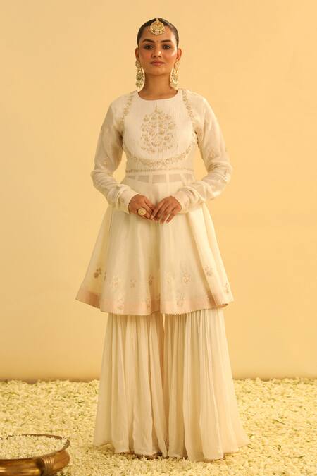 Sheetal Batra_Ivory Organza, Georgette, Shahana Floral Yoke Peplum Kurta Set _Online_at_Aza_Fashions