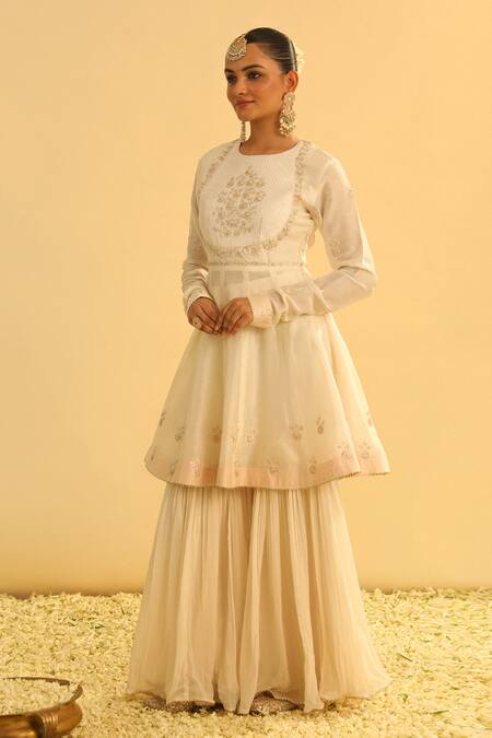 Buy_Sheetal Batra_Ivory Organza, Georgette, Shahana Floral Yoke Peplum Kurta Set _Online_at_Aza_Fashions