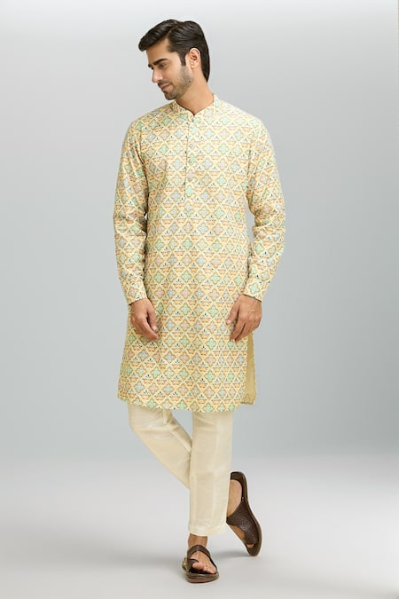 RNG Safawala Beige Kurta Cotton Silk Printed Geometric And Embroidered Set 