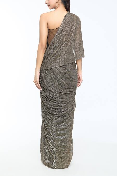 Shop_Tarun Tahiliani_Gold Crepe, Tulle, Net Crystals One Shoulder Embellished Draped Dress_at_Aza_Fashions