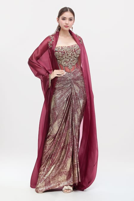 Tarun Tahiliani Wine Cape Satin Organza Embellished Crystal Corset With Draped Skirt Set 