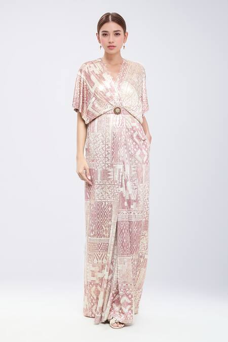 Tarun Tahiliani Pink Foil Jersey Printed Geometric Overlapping V Neck Pattern Flared Jumpsuit Online at Aza Fashions Tarun Tahiliani_Pink Foil Jersey Printed Geometric Overlapping V Neck Pattern Flared Jumpsuit_Online_at_Aza_Fashions