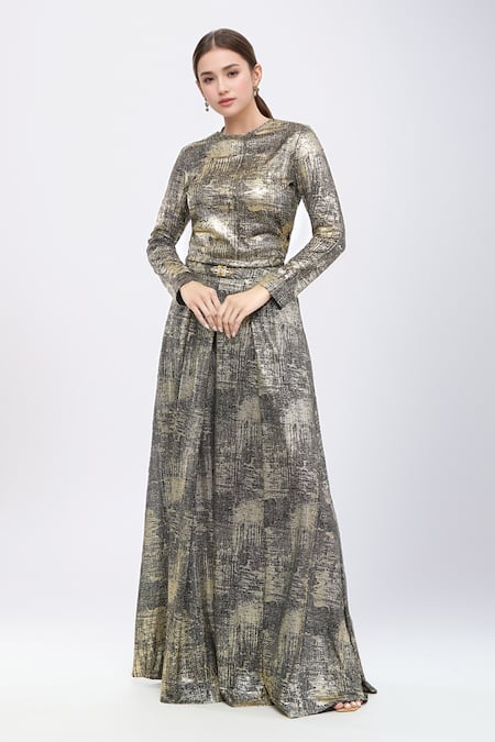 Tarun Tahiliani Metallic T-shirt & Flared Trouser Co-ord Set 