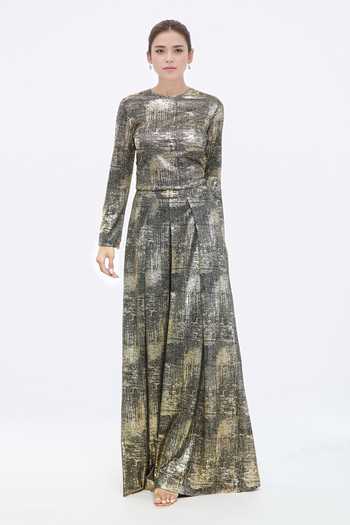 Tarun Tahiliani_Black Foil Jersey Round Metallic T-shirt And Flared Trouser Co-ord Set_Online_at_Aza_Fashions