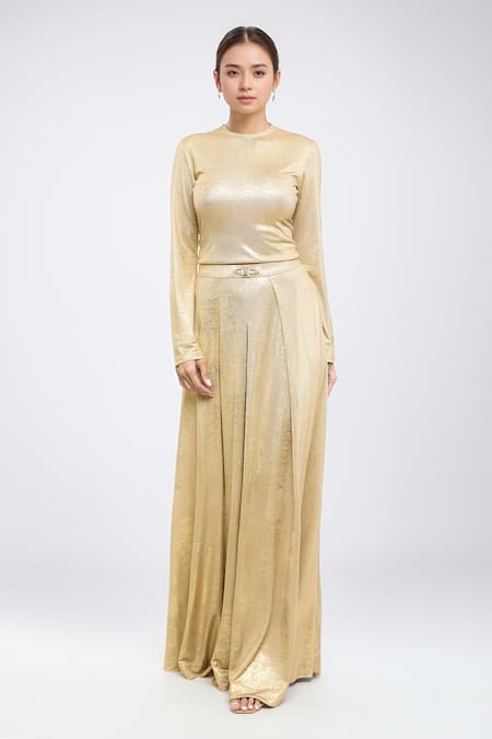 Tarun Tahiliani Metallic T-shirt With Flared Trouser Co-ord Set 