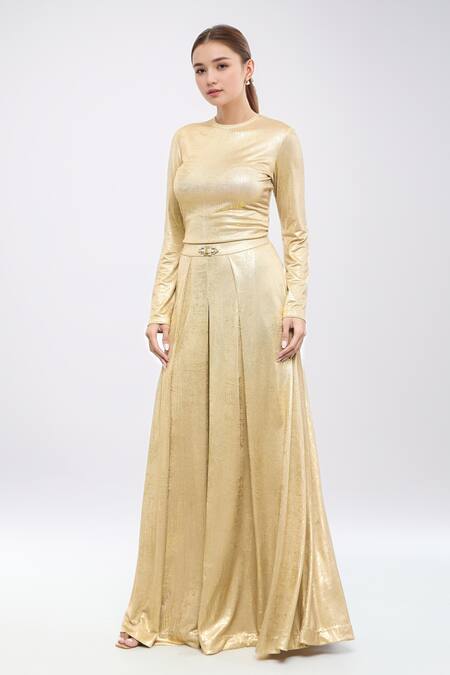 Tarun Tahiliani_Gold Jersey Brooches Round Neck Metallic T-shirt With Flared Trouser Co-ord Set _Online_at_Aza_Fashions
