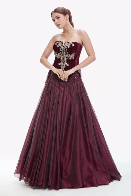 Tarun Tahiliani Wine Velvet Embroidered Crystal Straight Corset And Skirt Set 