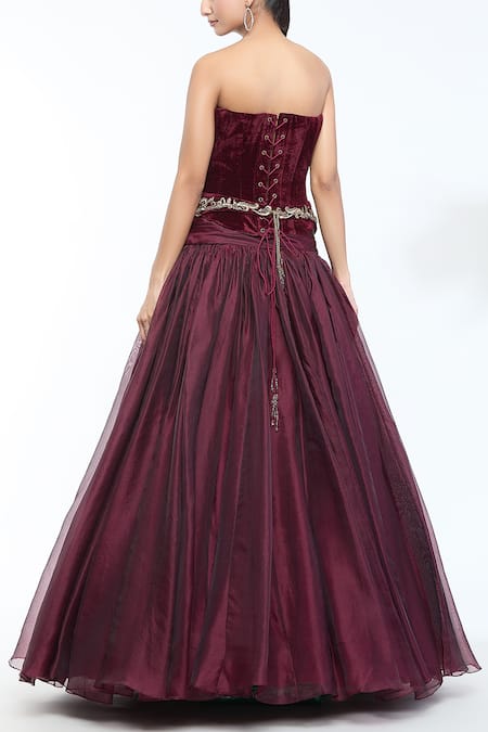 Shop Tarun Tahiliani Wine Velvet, Satin, Organza Embroidery, Applique Crystal Corset And Skirt Set at Aza Fashions Shop_Tarun Tahiliani_Wine Velvet, Satin, Organza Embroidery, Applique Crystal Corset And Skirt Set_at_Aza_Fashions