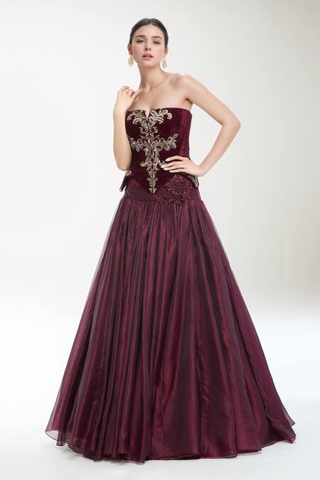 Tarun Tahiliani Wine Velvet, Satin, Organza Embroidery, Applique Crystal Corset And Skirt Set Online at Aza Fashions Tarun Tahiliani_Wine Velvet, Satin, Organza Embroidery, Applique Crystal Corset And Skirt Set_Online_at_Aza_Fashions