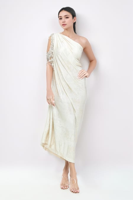 Tarun Tahiliani Ivory Jersey Print Crystal Drops One Shoulder Draped Dress 