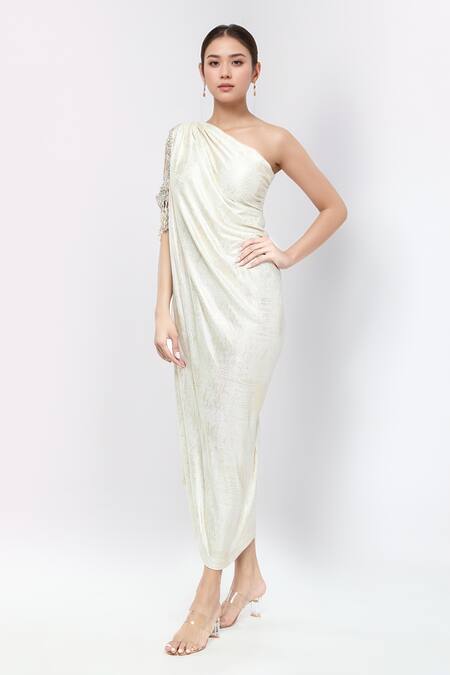 Tarun Tahiliani_Ivory Jersey Crystals One Shoulder Foil Print Draped Dress_Online_at_Aza_Fashions