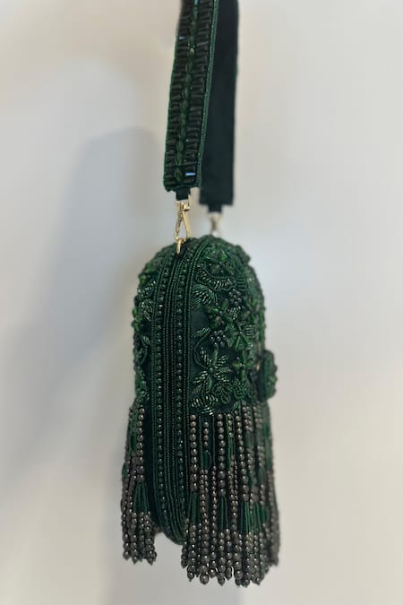 Shop House Of Kosha Green Cut Work, Pearls Azmat Tassel Embellished Capsule Bag at Aza Fashions Shop_House Of Kosha_Green Cut Work, Pearls Azmat Tassel Embellished Capsule Bag _at_Aza_Fashions