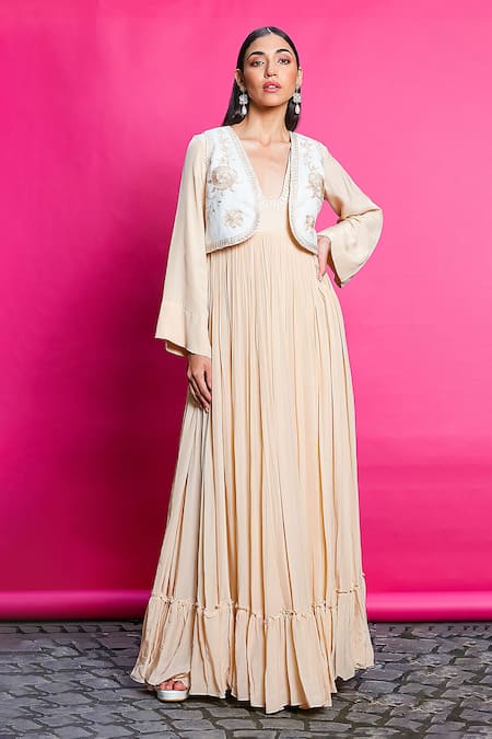 Priyanka Jain Beige Crepe, Linen Embroidery V-neck, Floral Bloom Waistcoat With Anarkali Online at Aza Fashions Priyanka Jain_Beige Crepe, Linen Embroidery V-neck, Floral Bloom Waistcoat With Anarkali _Online_at_Aza_Fashions