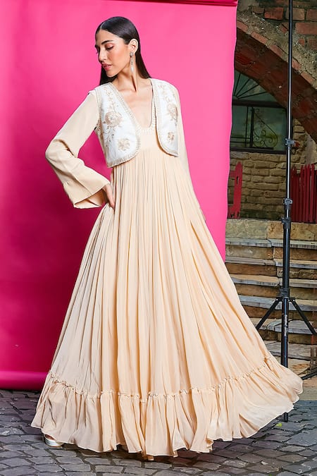Buy Priyanka Jain Beige Crepe, Linen Embroidery V-neck, Floral Bloom Waistcoat With Anarkali Online at Aza Fashions Buy_Priyanka Jain_Beige Crepe, Linen Embroidery V-neck, Floral Bloom Waistcoat With Anarkali _Online_at_Aza_Fashions