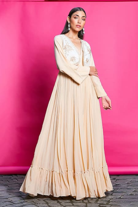 Shop Priyanka Jain Beige Crepe, Linen Embroidery V-neck, Floral Bloom Waistcoat With Anarkali Online at Aza Fashions Shop_Priyanka Jain_Beige Crepe, Linen Embroidery V-neck, Floral Bloom Waistcoat With Anarkali _Online_at_Aza_Fashions