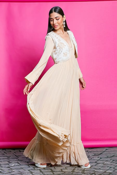 Priyanka Jain Beige Crepe, Linen Embroidery V-neck, Floral Bloom Waistcoat With Anarkali at Aza Fashions Priyanka Jain_Beige Crepe, Linen Embroidery V-neck, Floral Bloom Waistcoat With Anarkali _at_Aza_Fashions