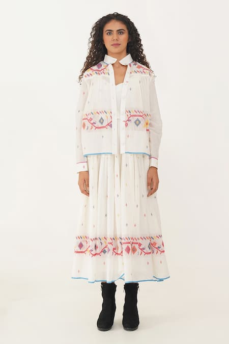 Indigo Dreams Ivory Cotton, Linen Embroidery Scoop Kora Handwoven Jamdani Dress Jacket Set Online at Aza Fashions Indigo Dreams_Ivory Cotton, Linen Embroidery Scoop Kora Handwoven Jamdani Dress Jacket Set _Online_at_Aza_Fashions