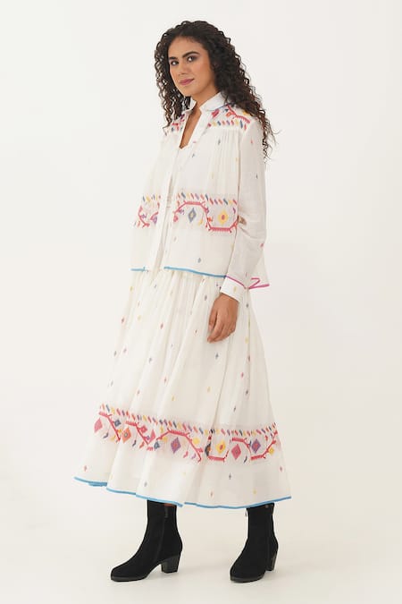 Buy Indigo Dreams Ivory Cotton, Linen Embroidery Scoop Kora Handwoven Jamdani Dress Jacket Set Online at Aza Fashions Buy_Indigo Dreams_Ivory Cotton, Linen Embroidery Scoop Kora Handwoven Jamdani Dress Jacket Set _Online_at_Aza_Fashions