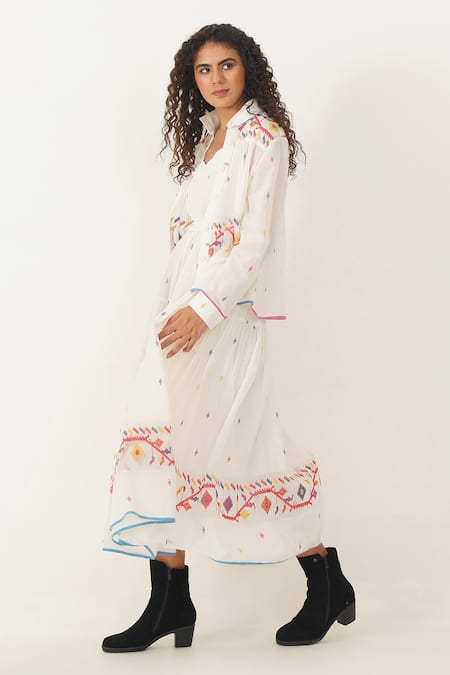Shop Indigo Dreams Ivory Cotton, Linen Embroidery Scoop Kora Handwoven Jamdani Dress Jacket Set Online at Aza Fashions Shop_Indigo Dreams_Ivory Cotton, Linen Embroidery Scoop Kora Handwoven Jamdani Dress Jacket Set _Online_at_Aza_Fashions