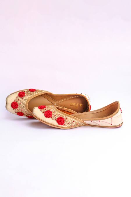 Shop_LA Fiza_Beige Rosie Bead Embellished Juttis_at_Aza_Fashions