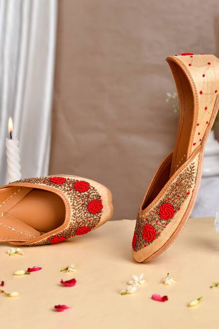 LA Fiza_Beige Rosie Bead Embellished Juttis_Online_at_Aza_Fashions