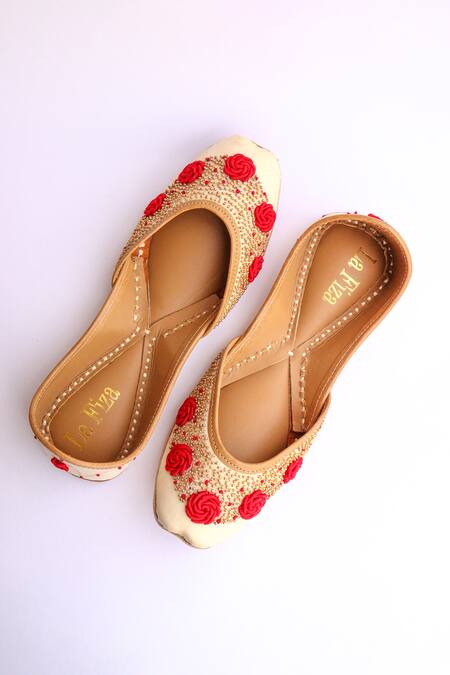 Buy_LA Fiza_Beige Rosie Bead Embellished Juttis_Online_at_Aza_Fashions