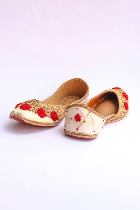 Shop_LA Fiza_Beige Rosie Bead Embellished Juttis_Online_at_Aza_Fashions