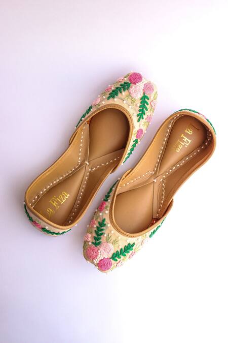 Buy_LA Fiza_Beige Pinklet Thread Embroidered Juttis_Online_at_Aza_Fashions