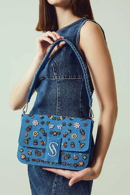 SASHE HOUSE Blossom Embroidered Denim Bag 