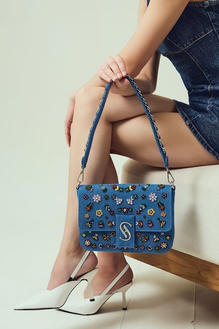 Sashe House_Blue Beads, Pearls Blossom Embroidered Denim Bag_Online_at_Aza_Fashions