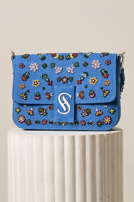 Buy_Sashe House_Blue Beads, Pearls Blossom Embroidered Denim Bag_Online_at_Aza_Fashions