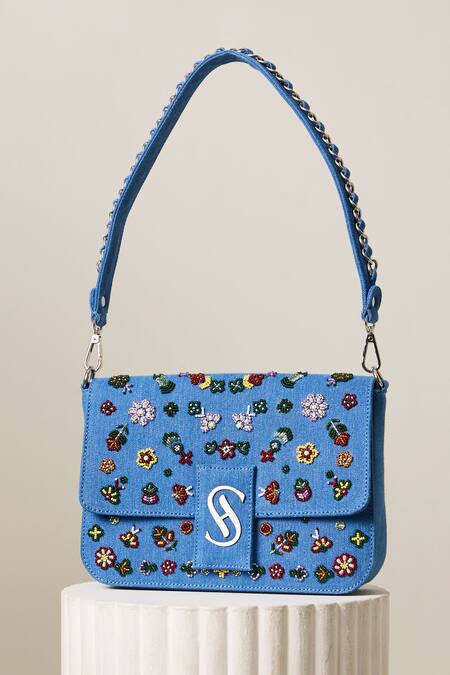 Shop_Sashe House_Blue Beads, Pearls Blossom Embroidered Denim Bag_Online_at_Aza_Fashions