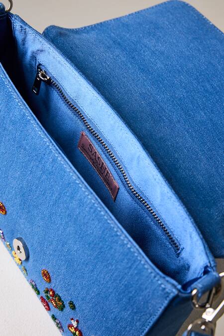 Sashe House_Blue Beads, Pearls Blossom Embroidered Denim Bag_at_Aza_Fashions