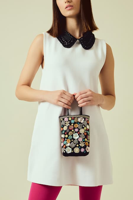 Sashe House_Black Pearls, Sequins, Beads, Stones Midnight Flora Spectrum Embroidered Bag_Online_at_Aza_Fashions
