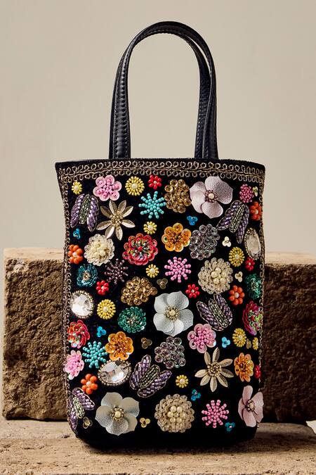 Buy_Sashe House_Black Pearls, Sequins, Beads, Stones Midnight Flora Spectrum Embroidered Bag_Online_at_Aza_Fashions