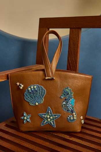 Sashe House_Brown Pearls, Sequins, Beads, Stones Coastal Ocean Elegance Embroidered Bag_Online_at_Aza_Fashions