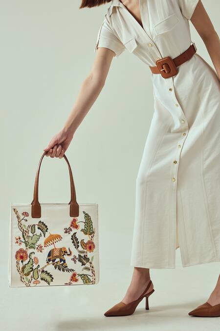 Buy Sashe House White Embroidery Royal Jungle Canvas Tote Bag Online at Aza Fashions Buy_Sashe House_White Embroidery Royal Jungle Canvas Tote Bag_Online_at_Aza_Fashions