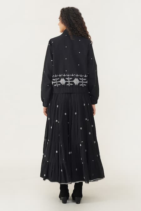 Shop_Indigo Dreams_Black Cotton Embroidery Round Neck, Luna Handwoven Jamdani Jacket With Skirt Set _at_Aza_Fashions