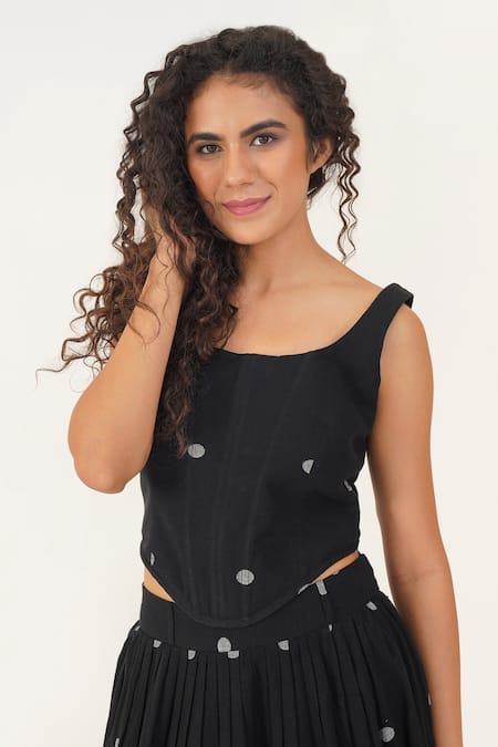 Shop Indigo Dreams Black Cotton, Linen Embroidery Luna Handwoven Jamdani Skirt With Corset Top Online at Aza Fashions Shop_Indigo Dreams_Black Cotton, Linen Embroidery Luna Handwoven Jamdani Skirt With Corset Top _Online_at_Aza_Fashions
