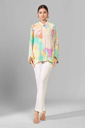 Pankaj & Nidhi_Multi Color Embroidery Bandeau Neck Floral Print Shirt _Online_at_Aza_Fashions
