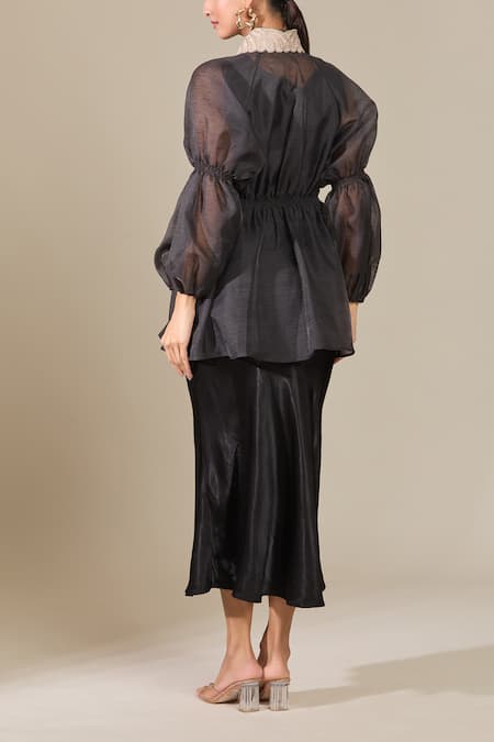 Shop Pankaj & Nidhi Black Embroidery V-neck Puff Sleeve Yoke Top at Aza Fashions Shop_Pankaj & Nidhi_Black Embroidery V-neck Puff Sleeve Yoke Top _at_Aza_Fashions