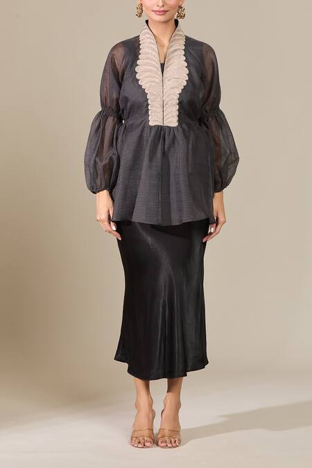 Buy Pankaj & Nidhi Black Embroidery V-neck Puff Sleeve Yoke Top Online at Aza Fashions Buy_Pankaj & Nidhi_Black Embroidery V-neck Puff Sleeve Yoke Top _Online_at_Aza_Fashions