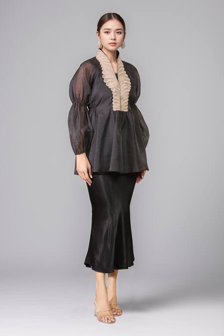 Pankaj & Nidhi Black Embroidery V-neck Puff Sleeve Yoke Top Online at Aza Fashions Pankaj & Nidhi_Black Embroidery V-neck Puff Sleeve Yoke Top _Online_at_Aza_Fashions