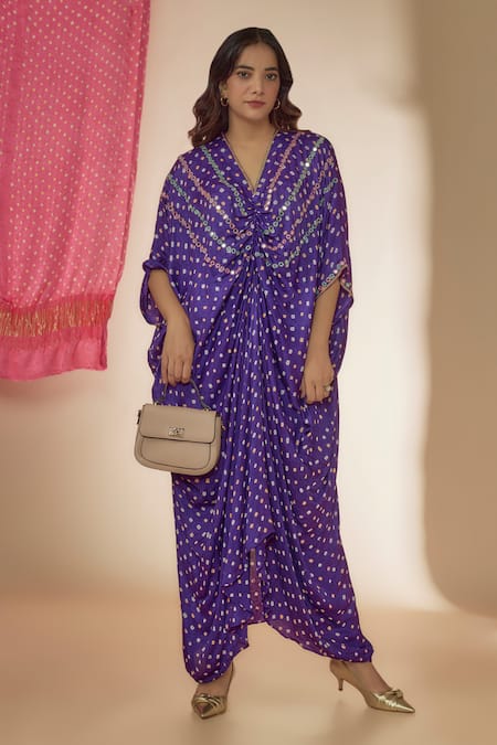 Sheeshakari Purple Silk Hand Embroidered Mirror V-neck Bandhani Print Ruched Kaftan Dress 