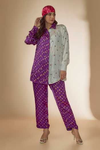 Buy_Sheeshakari_Purple Silk Mirrors, Embroidery Collared Bandhani Print Shirt With Pant _Online_at_Aza_Fashions
