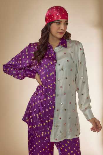 Shop_Sheeshakari_Purple Silk Mirrors, Embroidery Collared Bandhani Print Shirt With Pant _Online_at_Aza_Fashions