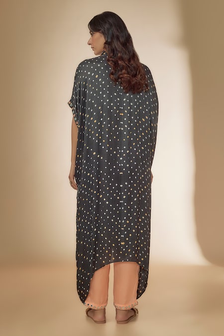 Shop Sheeshakari Grey Silk Beads, Embroidery, Mirrors Bandhani Print Kaftan Kurta With Pant at Aza Fashions Shop_Sheeshakari_Grey Silk Beads, Embroidery, Mirrors Bandhani Print Kaftan Kurta With Pant _at_Aza_Fashions