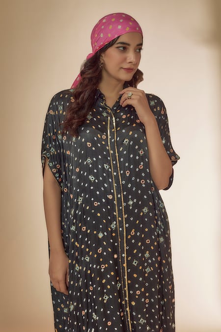 Buy Sheeshakari Grey Silk Beads, Embroidery, Mirrors Bandhani Print Kaftan Kurta With Pant Online at Aza Fashions Buy_Sheeshakari_Grey Silk Beads, Embroidery, Mirrors Bandhani Print Kaftan Kurta With Pant _Online_at_Aza_Fashions