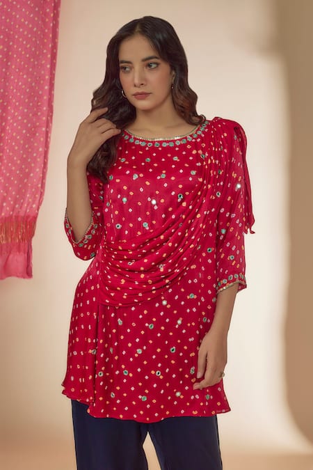 Sheeshakari Pink Silk Embroidery, Beads, Mirrors Round Bandhani Print Draped Top With Pant Online at Aza Fashions Sheeshakari_Pink Silk Embroidery, Beads, Mirrors Round Bandhani Print Draped Top With Pant _Online_at_Aza_Fashions