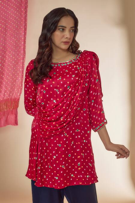 Shop Sheeshakari Pink Silk Embroidery, Beads, Mirrors Round Bandhani Print Draped Top With Pant Online at Aza Fashions Shop_Sheeshakari_Pink Silk Embroidery, Beads, Mirrors Round Bandhani Print Draped Top With Pant _Online_at_Aza_Fashions